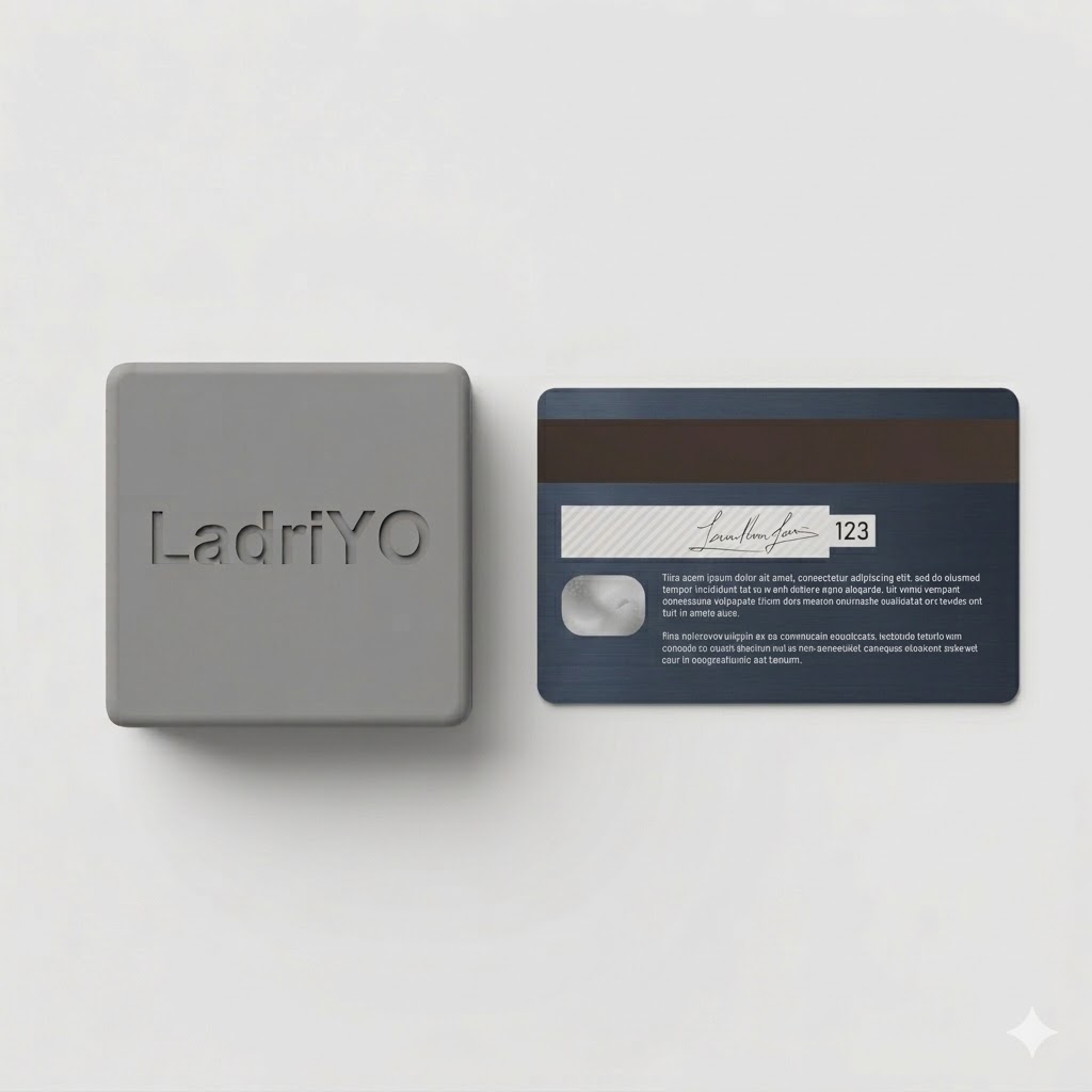 LadriYO comparación de tamaño con tarjeta de crédito - dispositivo de 50x50x30mm